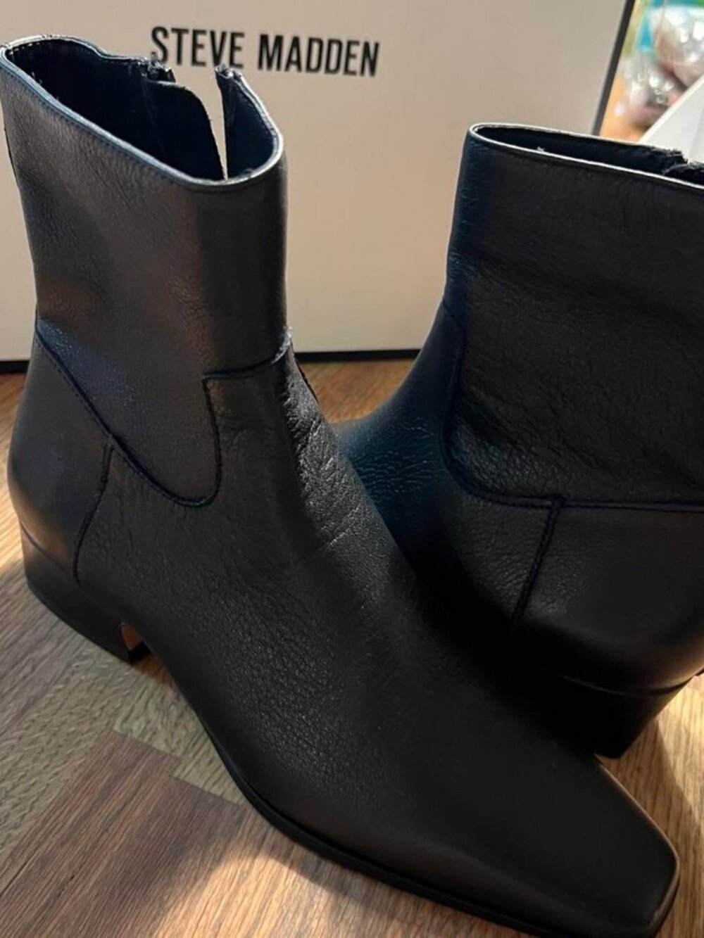 Steve Madden Dusty Black Leather Square Toe Ankle Boots 5 NIB